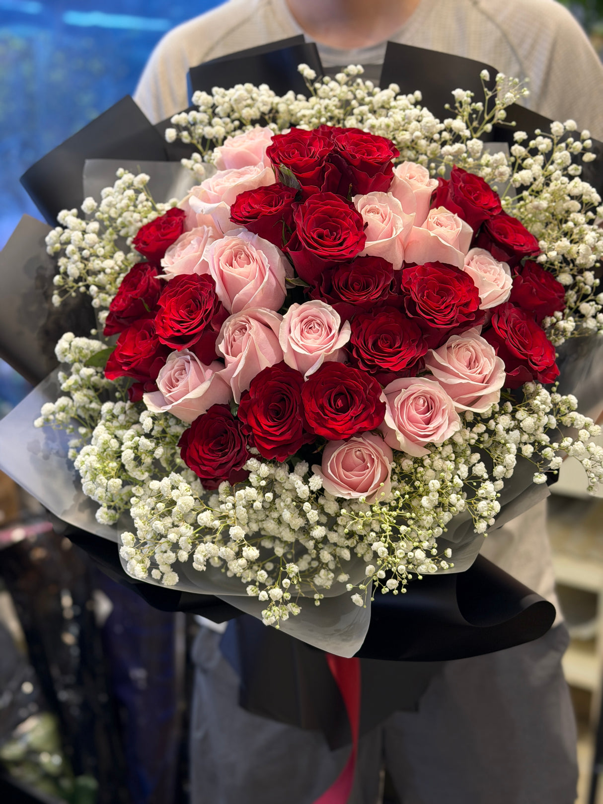50 Red & Pink Roses with Baby's Breath • Dreamy Bouquet