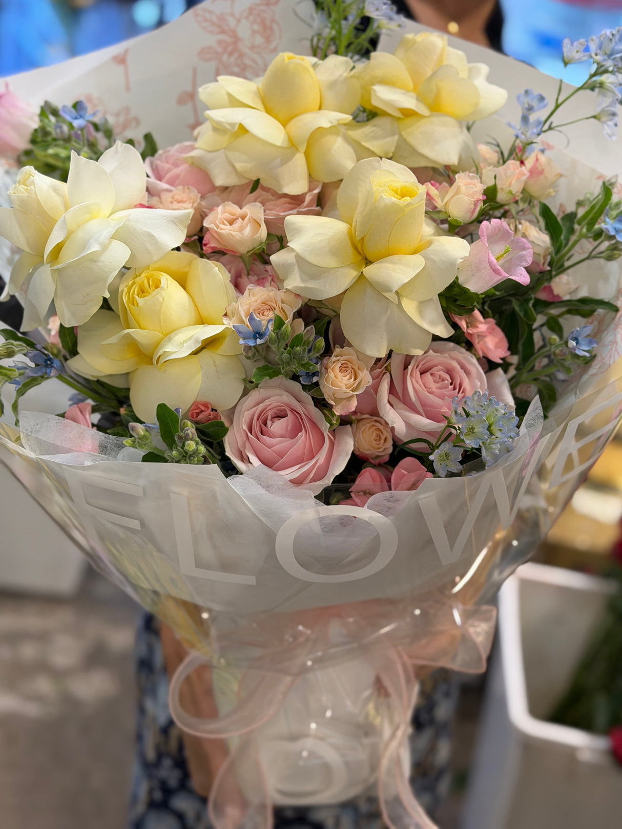 Cream & Pink Rose with Tweedia • Gentle Bouquet
