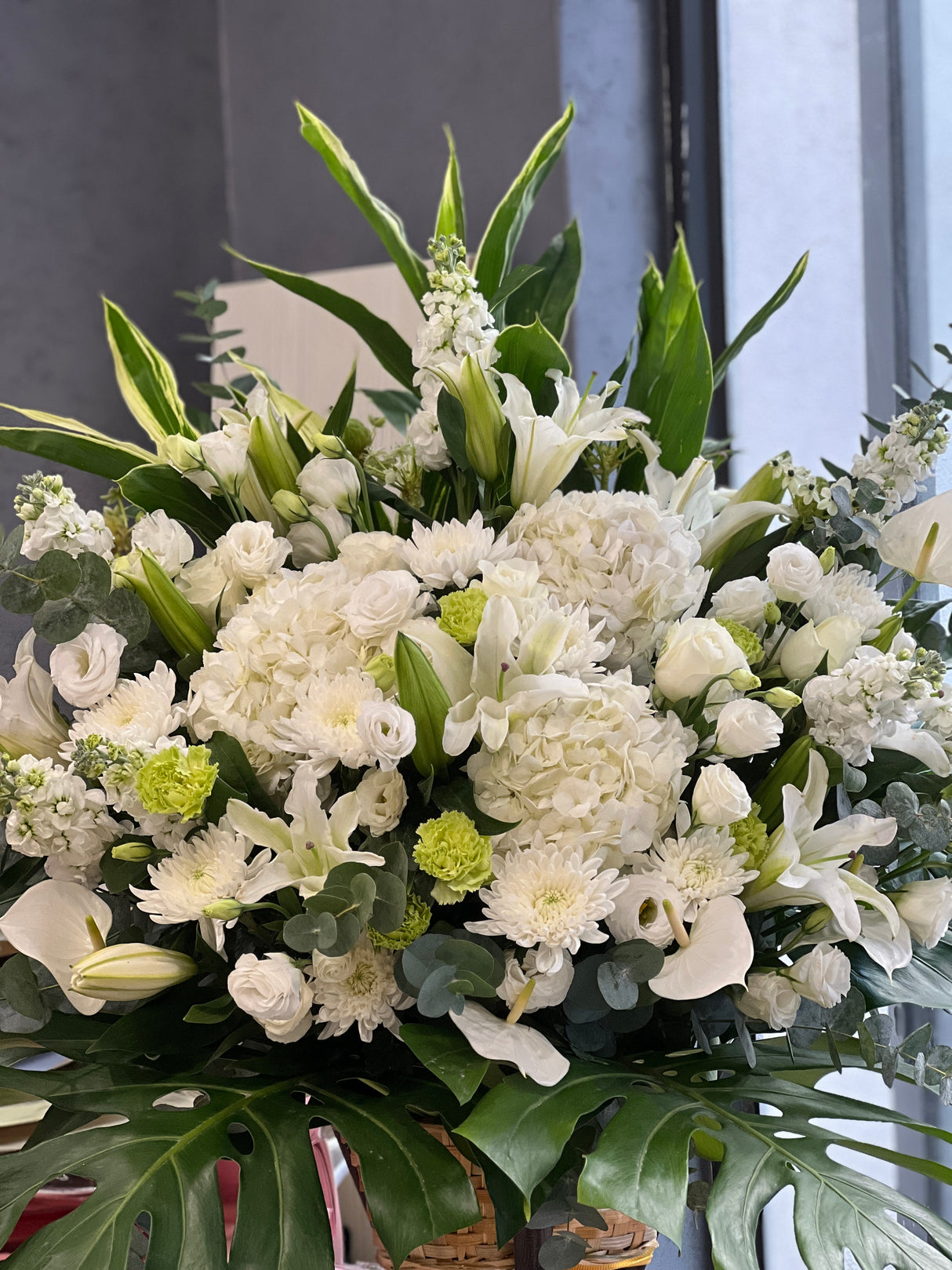 Serene Eternity | All-White Hydrangea & Lily Elegant Sympathy Stand