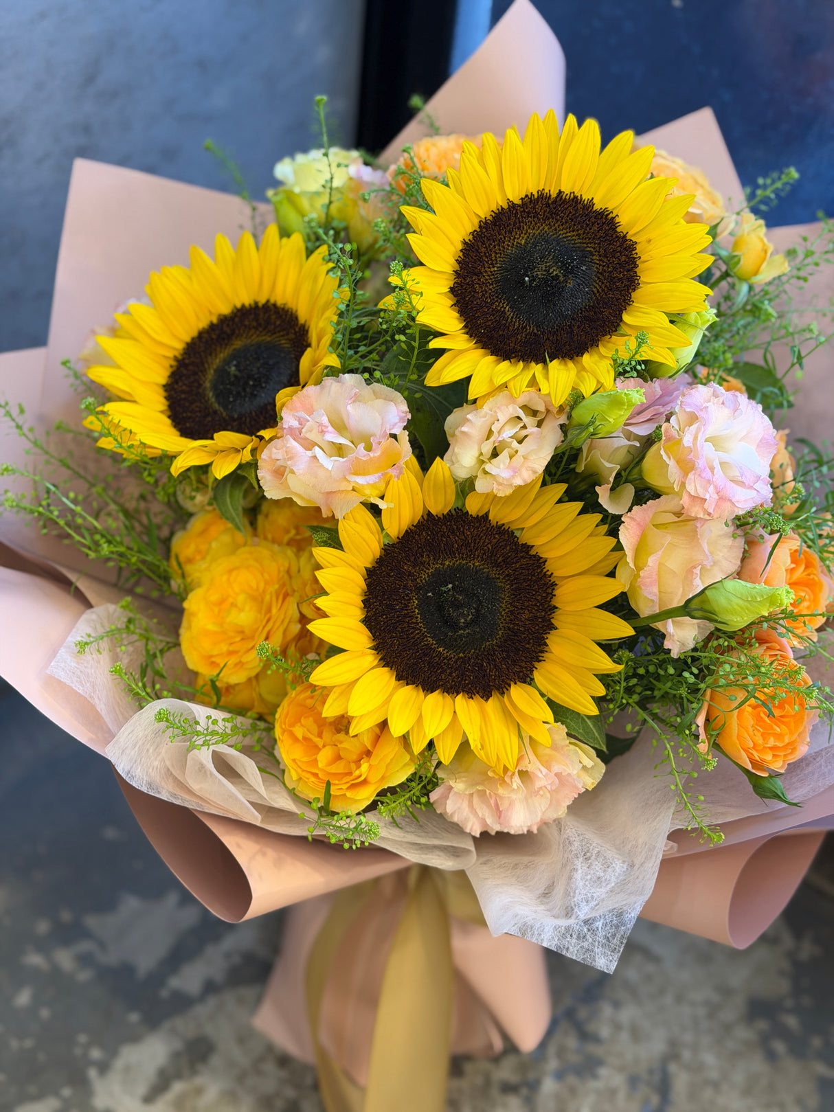 3 Sunflowers, Spray Roses, and Eustoma Bouquet
