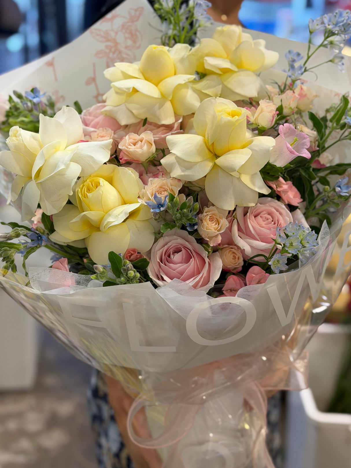 Cream & Pink Rose with Tweedia • Gentle Bouquet