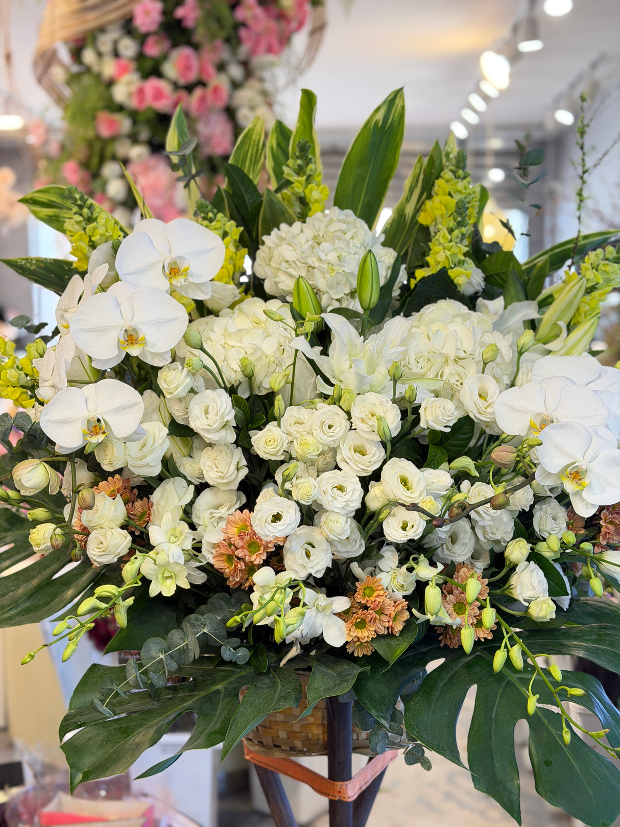 Hydrangea, Lily, and Phalaenopsis Funeral Basket