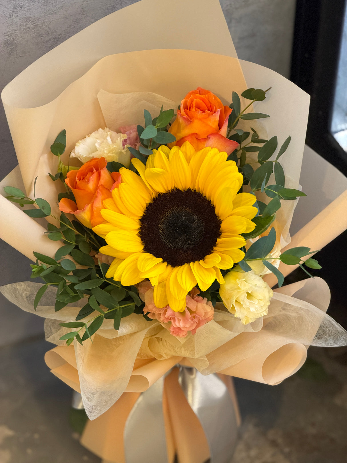 Single Sunflower and Orange Roses - Exquisite Handmade Bouquet