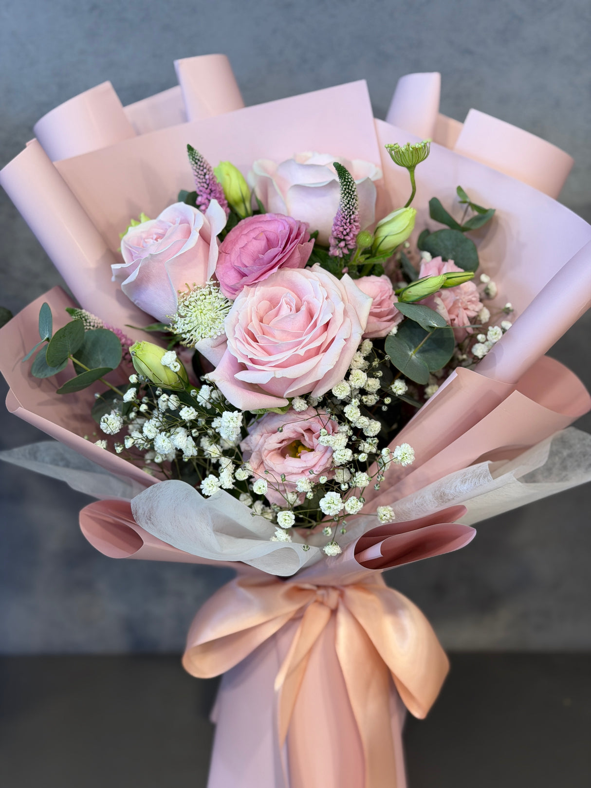 3 Pink Roses & Eustoma • Exquisite Handcrafted Bouquet