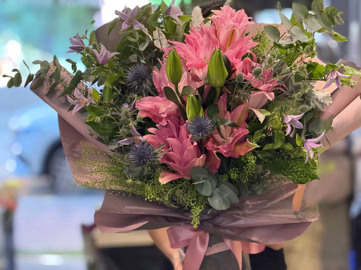 Enchanted Garden | Double Deep Pink Lily & Clematis Bouquet