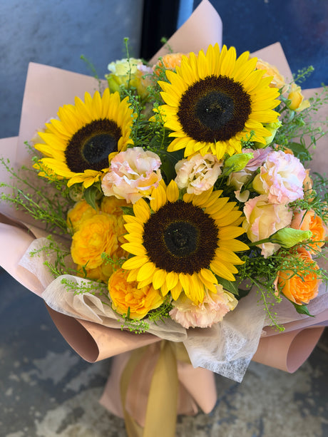 3 Sunflowers, Spray Roses, and Eustoma Bouquet