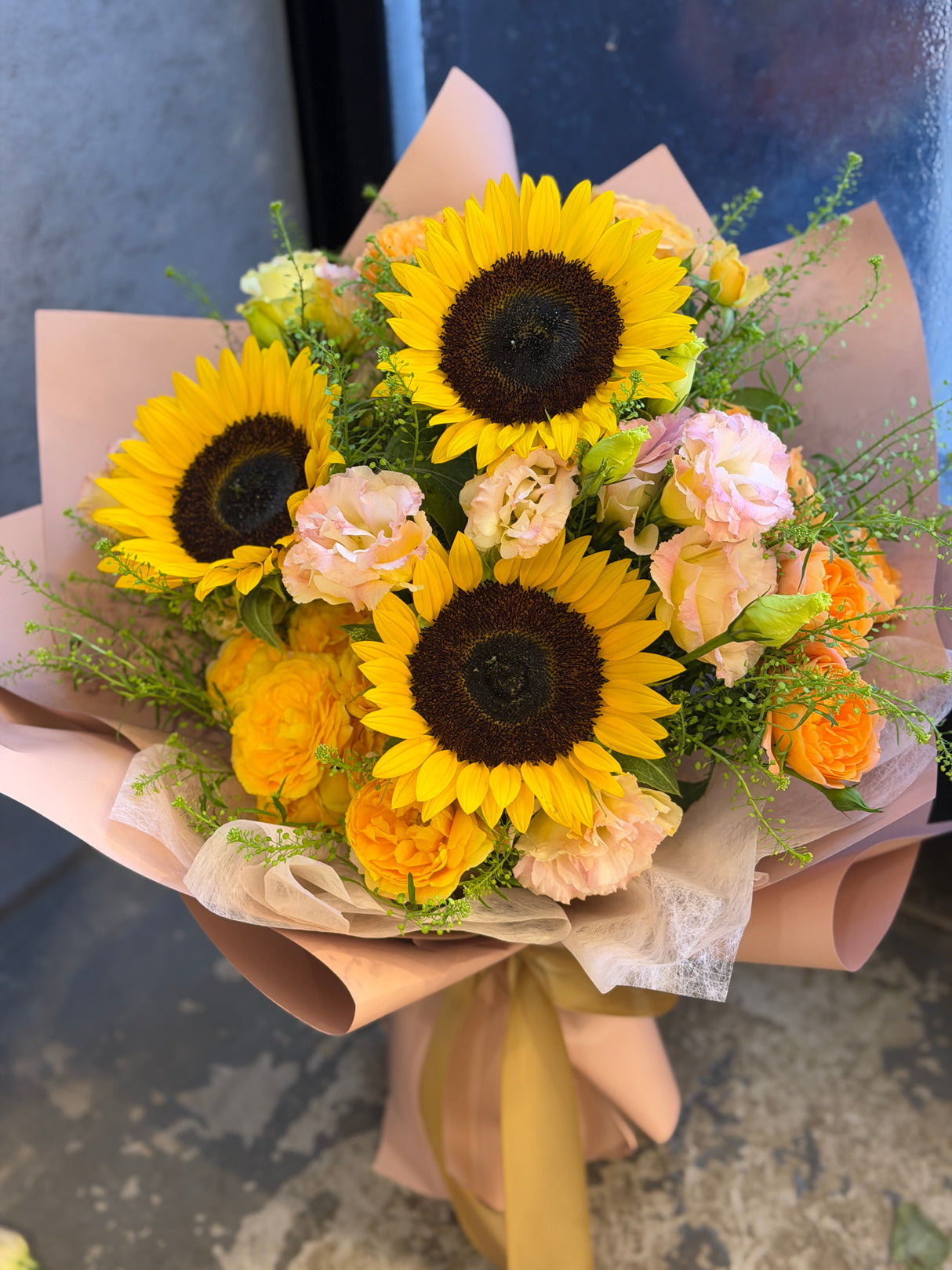 3 Sunflowers, Spray Roses, and Eustoma Bouquet